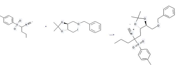 Benzene,1-[(1-isocyanobutyl)sulfonyl]-4-methyl- can be used to produce 4-benzyloxymethyl-5-[2-isocyano-2-(toluene-4-sulfonyl)-pentyl]-2,2-dimethyl-[1,3]dioxolane at the ambient temperature